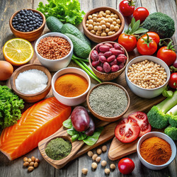 Полезные продукты, богатые хромом, представлены на деревянной доске. Генеративный искусственный интеллект - RomanZ