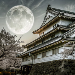 Восход луны над японским замком на фоне цветущей сакуры. Генеративный ИИ - RomanZ