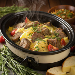 Вкусное блюдо из стейка и картофеля, приготовленное в мультиварке. Генеративный искусственный интеллект - RomanZ