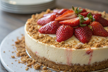 Вкусный чизкейк «Клубничная хрустящая корочка» на сервировочной тарелке. Генеративный искусственный интеллект - RomanZ