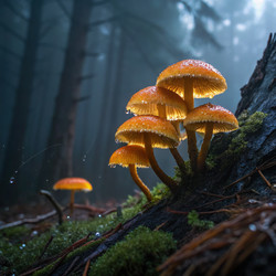 Магия Chrysomphalina Aurantiaca в туманном лесу. Генеративный ИИ - RomanZ