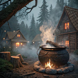 Log Weed Freerz Standard Scale Near Enchanting Cabins at Dusk. Generative AI - RomanZ