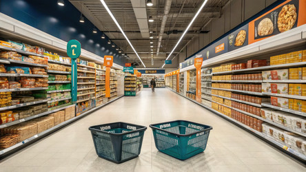 Прилавок в продуктовом магазине с пустыми корзинами в современном интерьере. Генеративный искусственный интеллект - RomanZ