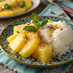 Вкусный клейкий рис с ананасом, поданный на декоративной тарелке. Генеративный искусственный интеллект - RomanZ