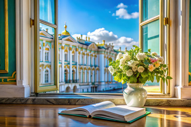 Вид из открытого окна с книгой и цветущими цветами. Генеративный ИИ - RomanZ