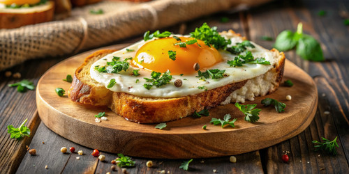 Вкусный тост на завтрак с жареным яйцом и зеленью. Генеративный ИИ - RomanZ