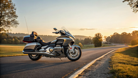 Мотоцикл Honda Touring припаркован вдоль живописной дороги на закате. Генеративный искусственный интеллект - RomanZ