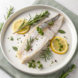Свежее филе сибаса, украшенное зеленью и дольками лимона. Генеративный искусственный интеллект - RomanZ