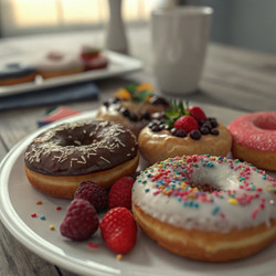 Разноцветные пончики со свежими ягодами на деревянном столе. Генеративный ИИ - RomanZ
