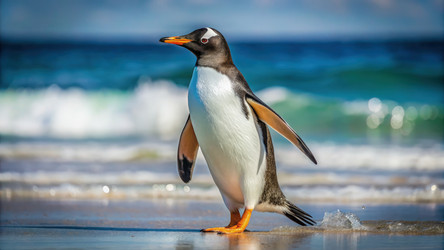Пингвин Gentoo прогуливается по песчаному пляжу у океана. Генеративный ИИ - RomanZ