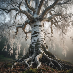 Величественное дерево возвышается в туманном лесном пейзаже. Генеративный искусственный интеллект - RomanZ