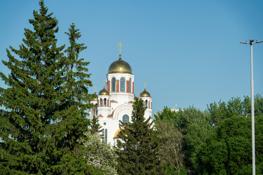 Екатеринбург, Россия. Церковь на Крови, пять позолоченных куполов, возвышающихся над густыми вечнозелеными деревьями под ясным голубым небом, вид снизу - NikitaMaykov