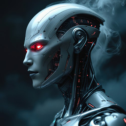 Футуристическая роботизированная фигура со светящимися глазами в темном окружении. Генеративный ИИ - RomanZ