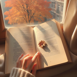 Книга лежит открытой на подоконнике, страницы освещены полуденным солнцем, палец держит страницу, изображение, созданное искусственным интеллектом - yuyu