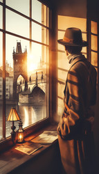Человек в одежде в винтажном стиле стоит у окна, его отражение сливается со старым собором или историческим мостом, видимыми через улицу в теплом свете заката. Изображение, созданное искусственным интеллектом - yuyu