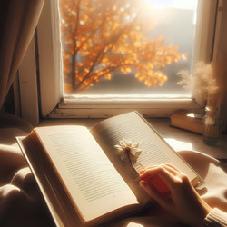 Книга лежит открытой на подоконнике, страницы освещены полуденным солнцем, палец держит страницу, изображение, созданное искусственным интеллектом - yuyu