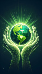 An abstract low-poly or wireframe vector of two open hands holding a glowing green globe with a subtle medical caduceus or heart symbol integrated into the Earth’s latitude lines, Ai generated image - yuyu