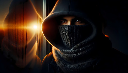 Темная фигура в глубоком капюшоне и обмотанном шарфом теле стоит перед окном, освещающим закат; видны лишь глаза, отражающие золотистый свет, остальная часть лица скрыта в тени. Изображение создано искусственным интеллектом - yuyu