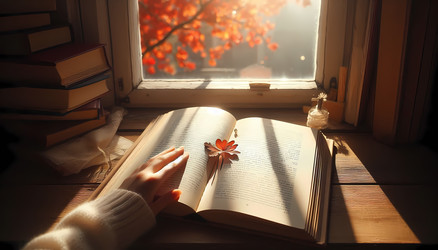 Книга лежит открытой на подоконнике, страницы освещены полуденным солнцем, палец держит страницу, изображение, созданное искусственным интеллектом - yuyu