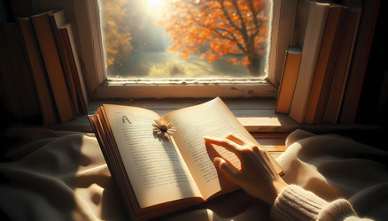 Книга лежит открытой на подоконнике, страницы освещены полуденным солнцем, палец держит страницу, изображение, созданное искусственным интеллектом - yuyu