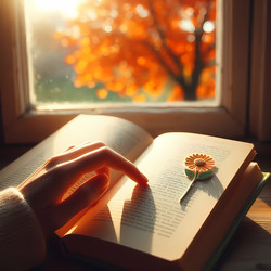 Книга лежит открытой на подоконнике, страницы освещены полуденным солнцем, палец держит страницу, изображение, созданное искусственным интеллектом - yuyu