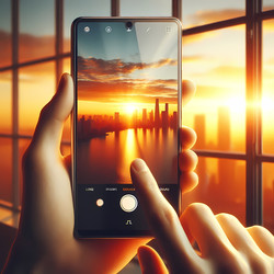 Руки подносят смартфон к окну, закат отражается на экране и стекле, изображение создано искусственным интеллектом - yuyu