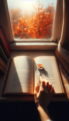 Книга лежит открытой на подоконнике, страницы освещены полуденным солнцем, палец держит страницу, изображение, созданное искусственным интеллектом - yuyu