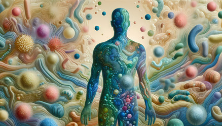 Изображение, созданное искусственным интеллектом, представляет собой силуэт человека, окруженный абстрактным пейзажем из разноцветных бифидобактерий, нейтральных вирусов и пробиотических клеток, сливающихся в пышный ландшафт - yuyu