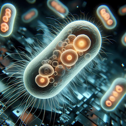Фотореалистичная 3D-визуализация стилизованных прокариотических клеток с идеальной текстурой, парящих на стерильном темном фоне, словно инопланетные кристаллы. Изображение создано с помощью искусственного интеллекта - yuyu