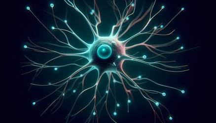 Фотореалистичная 3D-визуализация стилизованной нейронной клетки с разветвленными дендритами и светящимся ядром, парящей на стерильном темном фоне, изображение, сгенерированное искусственным интеллектом - yuyu