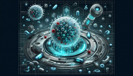 Футуристическая инфографика в векторном формате, изображающая белые кровяные клетки в виде сложных нанороботов или пылесосов, активно всасывающих бактериальные клетки в процессе фагоцитоза (изображение, сгенерированное искусственным интеллектом) - yuyu
