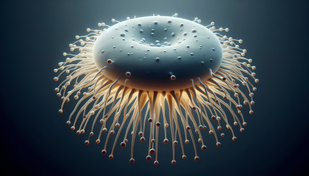 Фотореалистичная 3D-визуализация стилизованного тромбоцита дискообразной формы с множеством тонких адгезивных нитей, расходящихся наружу подобно крошечным щупальцам, парящего на стерильном темном фоне. Изображение создано с помощью искусственного интеллек - yuyu