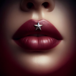 An extreme close-up of a mouth with deep burgundy lipstick and a single silver star appliqué adhered to the cupids bow, Ai generated image - yuyu