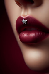 An extreme close-up of a mouth with deep burgundy lipstick and a single silver star appliqué adhered to the cupids bow, Ai generated image - yuyu