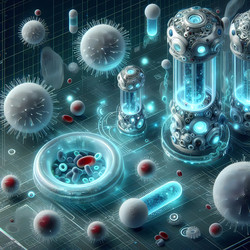 Футуристическая инфографика в векторном формате, изображающая белые кровяные клетки в виде сложных нанороботов или пылесосов, активно всасывающих бактериальные клетки в процессе фагоцитоза (изображение, сгенерированное искусственным интеллектом) - yuyu