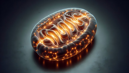 Фотореалистичная 3D-визуализация стилизованной митохондрии с высокодетализированными кристами и светящейся матрицей, парящей в одиночестве на стерильном темном фоне, изображение, сгенерированное искусственным интеллектом - yuyu