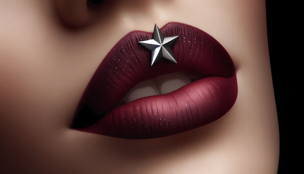 An extreme close-up of a mouth with deep burgundy lipstick and a single silver star appliqué adhered to the cupids bow, Ai generated image - yuyu