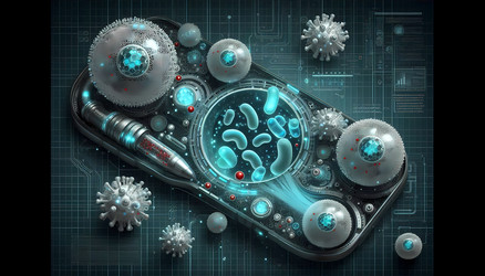 Футуристическая инфографика в векторном формате, изображающая белые кровяные клетки в виде сложных нанороботов или пылесосов, активно всасывающих бактериальные клетки в процессе фагоцитоза (изображение, сгенерированное искусственным интеллектом) - yuyu