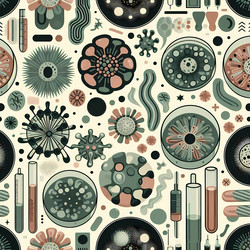 Стильный бесшовный повторяющийся узор из стилизованных микробов, чашек Петри и вирусных фигур, расположенный в виде модного сплошного принта для медицинской одежды, упаковки или обоев. Изображение создано с помощью искусственного интеллекта - yuyu