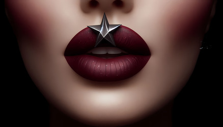 An extreme close-up of a mouth with deep burgundy lipstick and a single silver star appliqué adhered to the cupids bow, Ai generated image - yuyu
