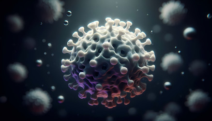 Фотореалистичная 3D-визуализация стилизованного вириона, похожего на коронавирус, с идеальной липидной оболочкой и плотно упакованными белковыми шипами, парящего на стерильном темном фоне. Изображение, сгенерированное искусственным интеллектом - yuyu