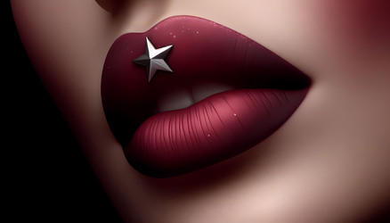 An extreme close-up of a mouth with deep burgundy lipstick and a single silver star appliqué adhered to the cupids bow, Ai generated image - yuyu