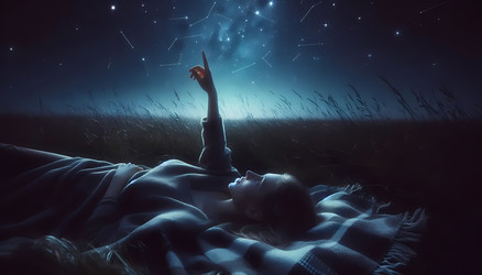 Девочка лежит на одеяле и смотрит на ночное небо, усеянное созвездиями. Изображение создано с помощью искусственного интеллекта - yuyu