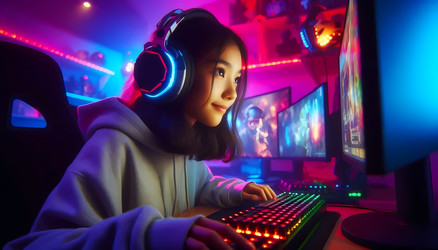 Девушка, сосредоточенно смотрящая на экран в ярко освещенной RGB-подсветкой комнате, в наушниках — сцена из жизни геймерши, изображение, сгенерированное искусственным интеллектом - yuyu