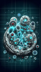Футуристическая инфографика в векторном формате, изображающая белые кровяные клетки в виде сложных нанороботов или пылесосов, активно всасывающих бактериальные клетки в процессе фагоцитоза (изображение, сгенерированное искусственным интеллектом) - yuyu