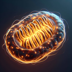 Фотореалистичная 3D-визуализация стилизованной митохондрии с высокодетализированными кристами и светящейся матрицей, парящей в одиночестве на стерильном темном фоне, изображение, сгенерированное искусственным интеллектом - yuyu