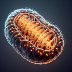 Фотореалистичная 3D-визуализация стилизованной митохондрии с высокодетализированными кристами и светящейся матрицей, парящей в одиночестве на стерильном темном фоне, изображение, сгенерированное искусственным интеллектом - yuyu