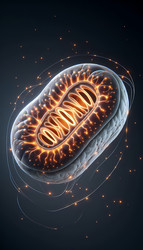 Фотореалистичная 3D-визуализация стилизованной митохондрии с высокодетализированными кристами и светящейся матрицей, парящей в одиночестве на стерильном темном фоне, изображение, сгенерированное искусственным интеллектом - yuyu