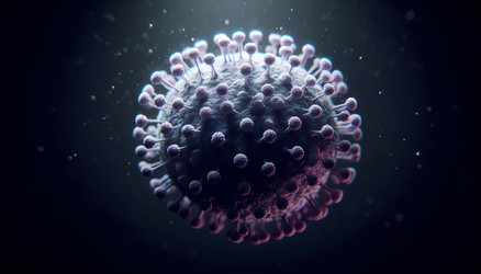 Фотореалистичная 3D-визуализация стилизованного вириона, похожего на коронавирус, с идеальной липидной оболочкой и плотно упакованными белковыми шипами, парящего на стерильном темном фоне. Изображение, сгенерированное искусственным интеллектом - yuyu