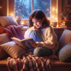Девушка, свернувшись калачиком среди подушек с книгой в руках, погружена в мир фантазий в своем уютном уголке для чтения. Изображение создано искусственным интеллектом - yuyu